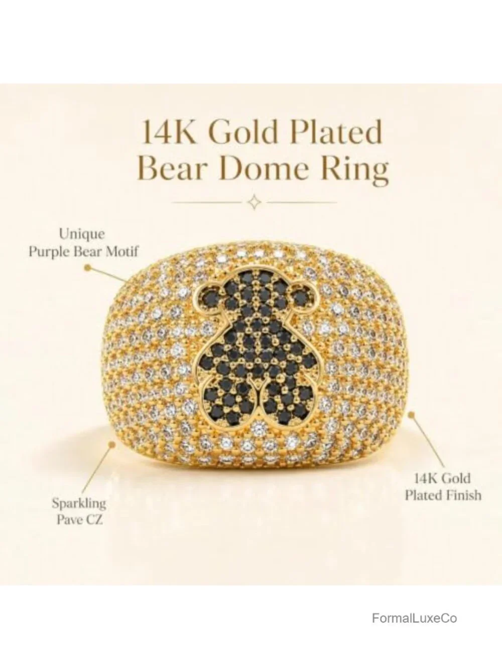 14K Gold Plated Pave CZ Bear Dome Statement Ring Women's Cocktail